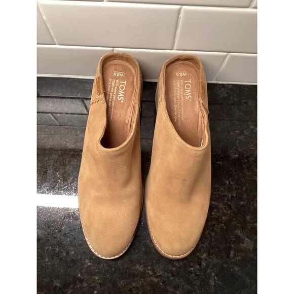Toms Women's Leila Suede Leather Slip on Block Heel Mules Comfy Tan Size W8.5 - Picture 2 of 11